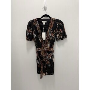 Caroline Constas Floral Mini Dress Linen Blend Puff Sleeve Belted Sz 4 NWT Boho